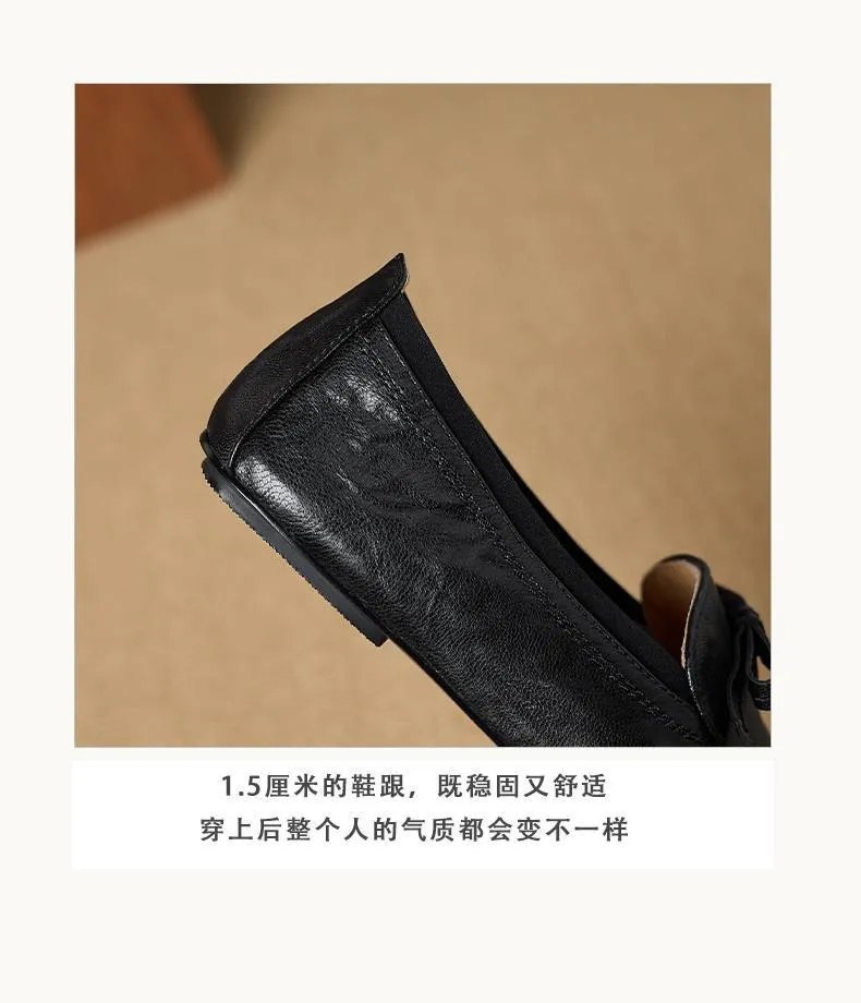 Elegant and stylish soft leather bow loafers, square toe, slip-on, fashionable and comfortable flat shoes for women, perfect for spring.