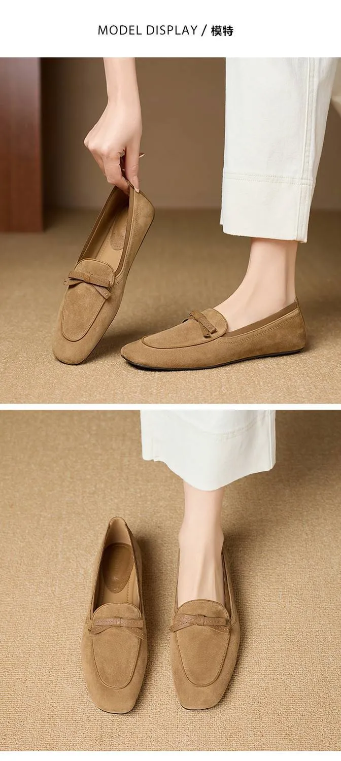 Elegant and stylish soft leather bow loafers, square toe, slip-on, fashionable and comfortable flat shoes for women, perfect for spring.