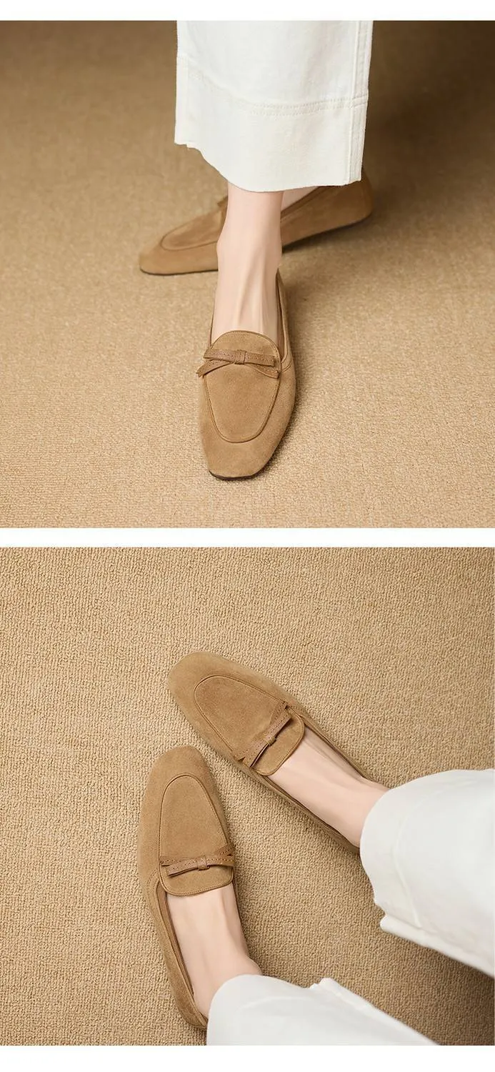 Elegant and stylish soft leather bow loafers, square toe, slip-on, fashionable and comfortable flat shoes for women, perfect for spring.