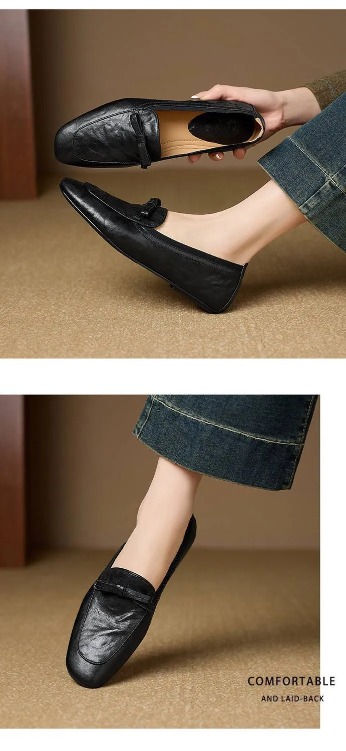 Elegant and stylish soft leather bow loafers, square toe, slip-on, fashionable and comfortable flat shoes for women, perfect for spring.