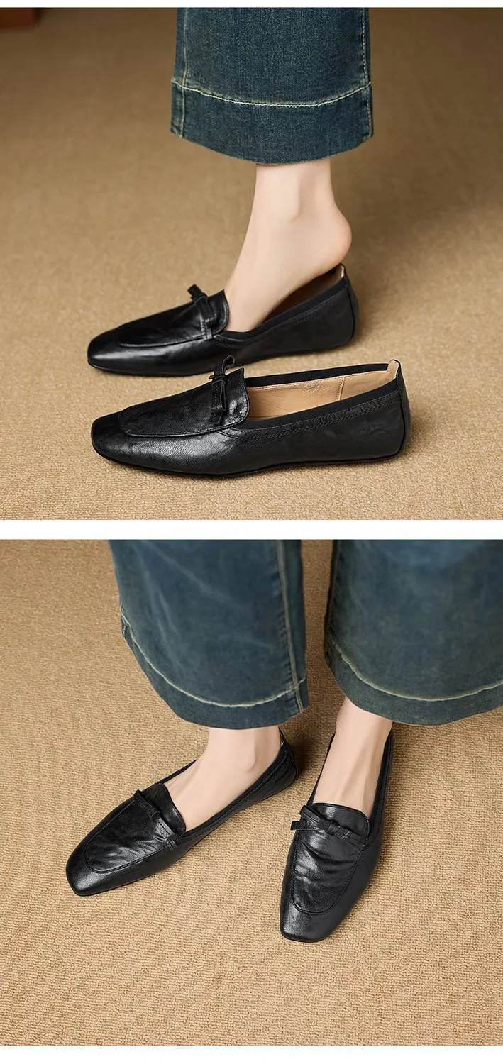 Elegant and stylish soft leather bow loafers, square toe, slip-on, fashionable and comfortable flat shoes for women, perfect for spring.