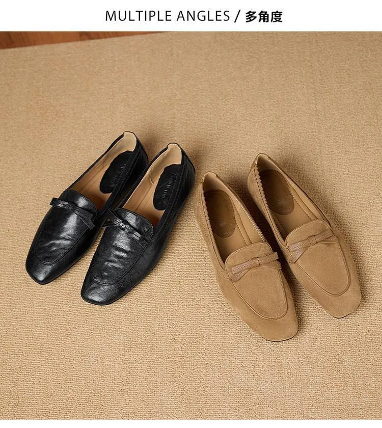 Elegant and stylish soft leather bow loafers, square toe, slip-on, fashionable and comfortable flat shoes for women, perfect for spring.