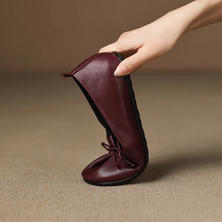 Early spring flat round-toe sheepskin women's shoes, burgundy and black, 1-29u