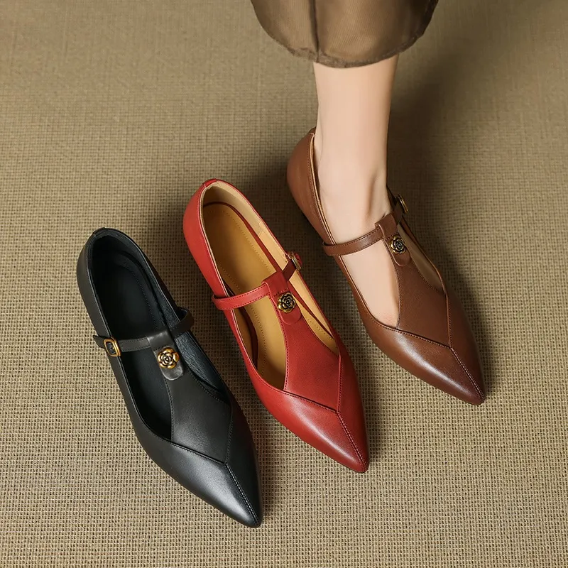 5cm high heel, elegant and simple women's shoes, spring style, pointed toe, buckle fashion shoes, 3 colors, T-strap single shoes