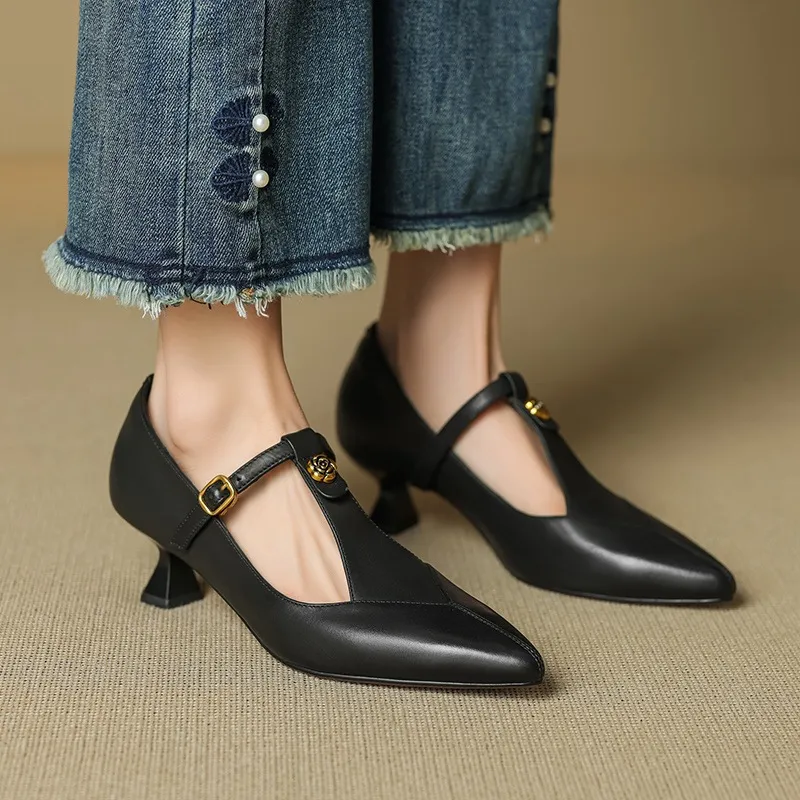 5cm high heel, elegant and simple women's shoes, spring style, pointed toe, buckle fashion shoes, 3 colors, T-strap single shoes