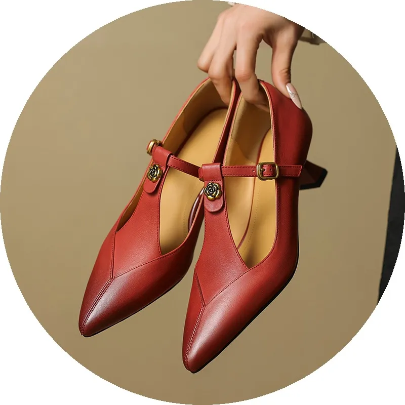 5cm high heel, elegant and simple women's shoes, spring style, pointed toe, buckle fashion shoes, 3 colors, T-strap single shoes