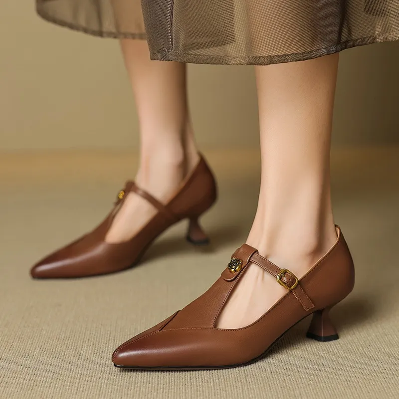5cm high heel, elegant and simple women's shoes, spring style, pointed toe, buckle fashion shoes, 3 colors, T-strap single shoes