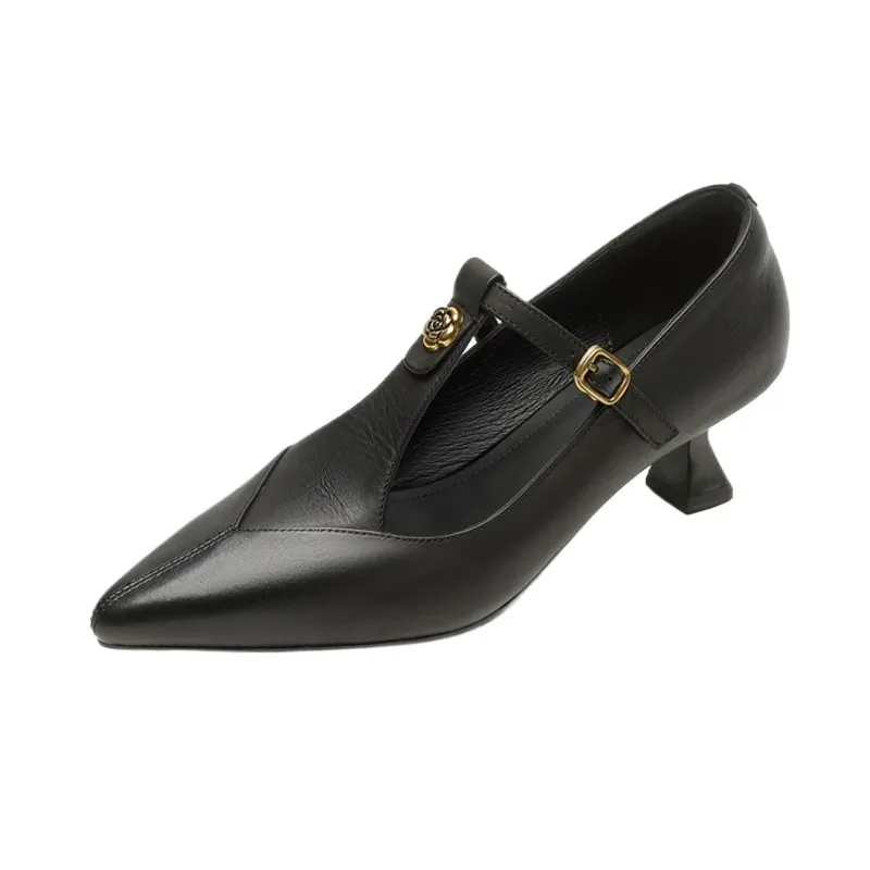 5cm high heel, elegant and simple women's shoes, spring style, pointed toe, buckle fashion shoes, 3 colors, T-strap single shoes
