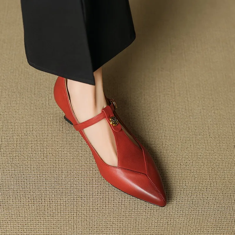 5cm high heel, elegant and simple women's shoes, spring style, pointed toe, buckle fashion shoes, 3 colors, T-strap single shoes