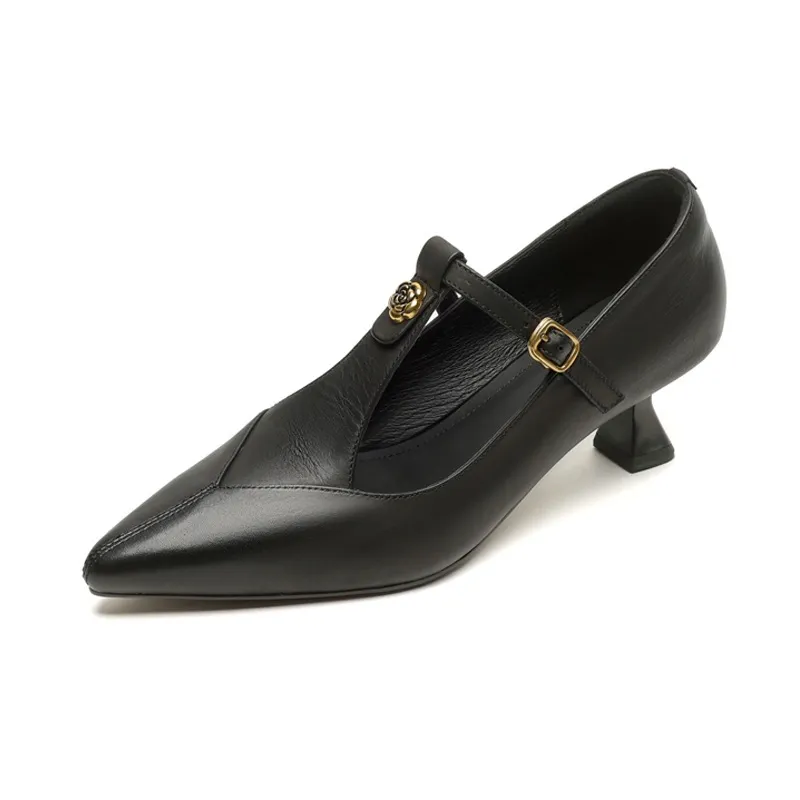 5cm high heel, elegant and simple women's shoes, spring style, pointed toe, buckle fashion shoes, 3 colors, T-strap single shoes