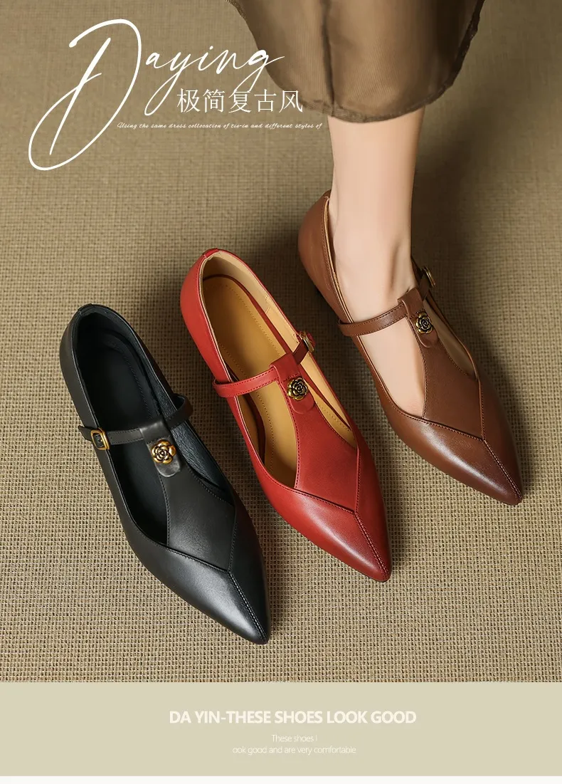 5cm high heel, elegant and simple women's shoes, spring style, pointed toe, buckle fashion shoes, 3 colors, T-strap single shoes