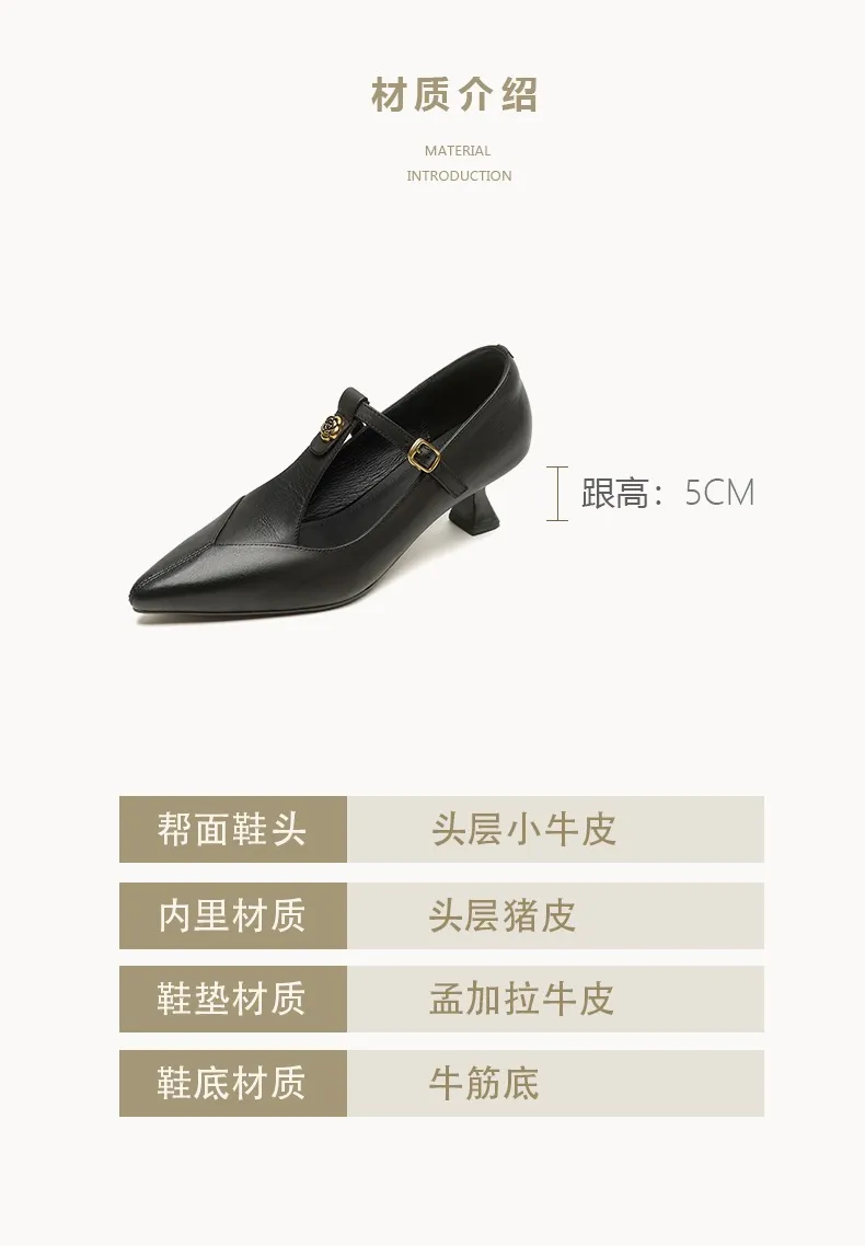 5cm high heel, elegant and simple women's shoes, spring style, pointed toe, buckle fashion shoes, 3 colors, T-strap single shoes