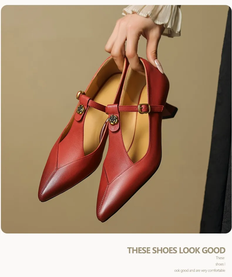 5cm high heel, elegant and simple women's shoes, spring style, pointed toe, buckle fashion shoes, 3 colors, T-strap single shoes