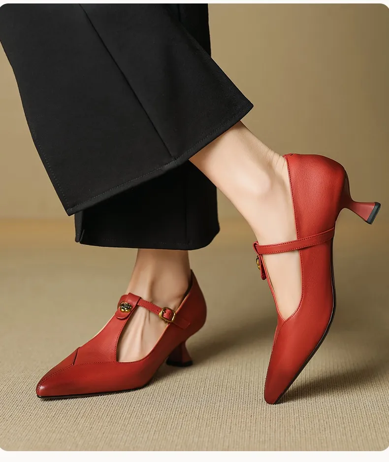 5cm high heel, elegant and simple women's shoes, spring style, pointed toe, buckle fashion shoes, 3 colors, T-strap single shoes