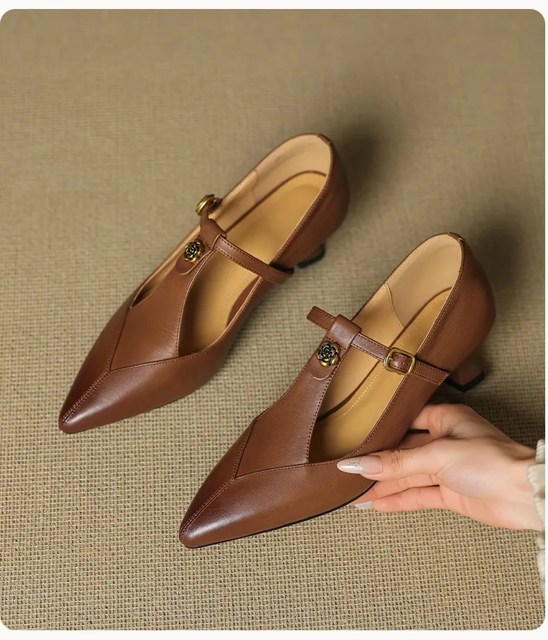 5cm high heel, elegant and simple women's shoes, spring style, pointed toe, buckle fashion shoes, 3 colors, T-strap single shoes