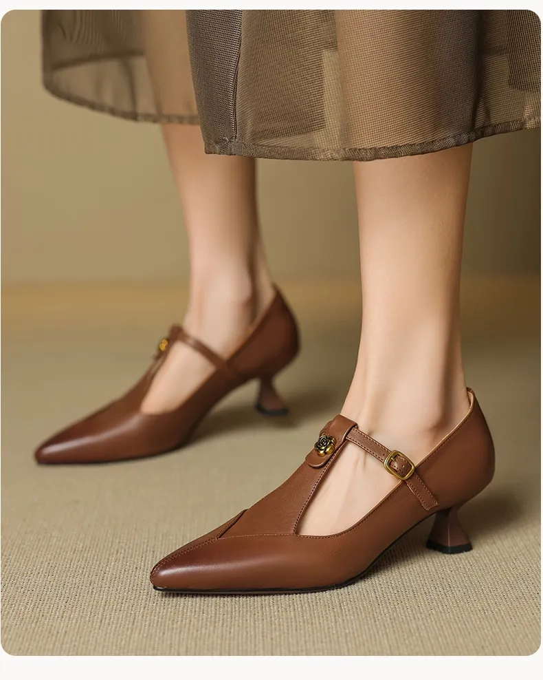 5cm high heel, elegant and simple women's shoes, spring style, pointed toe, buckle fashion shoes, 3 colors, T-strap single shoes