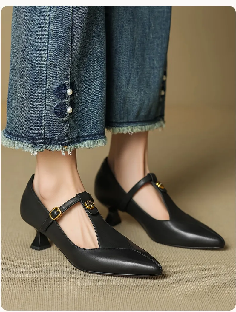 5cm high heel, elegant and simple women's shoes, spring style, pointed toe, buckle fashion shoes, 3 colors, T-strap single shoes