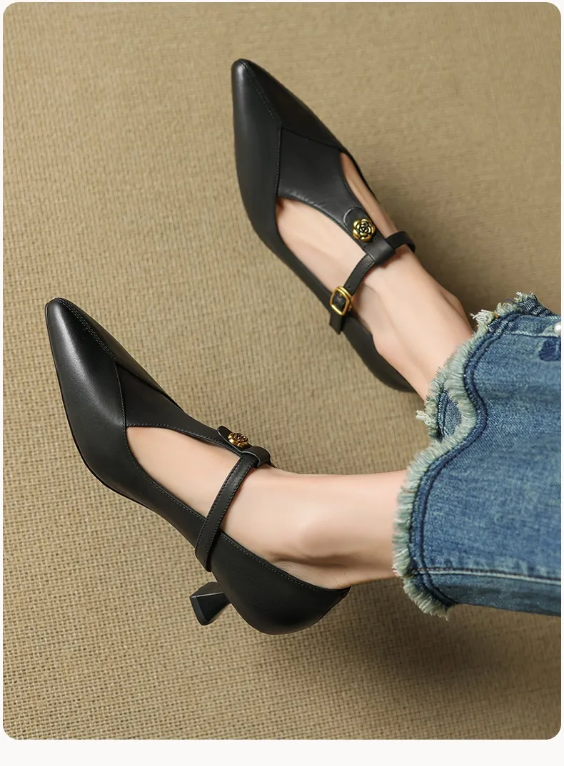 5cm high heel, elegant and simple women's shoes, spring style, pointed toe, buckle fashion shoes, 3 colors, T-strap single shoes