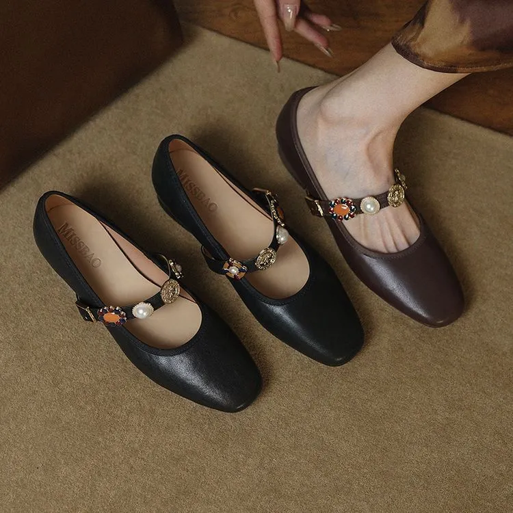 Early Spring Women's Fashion Shoes with Square Toe, Chunky Heel, Low Heel, Buckle, and Cowhide Leather (1-29i)