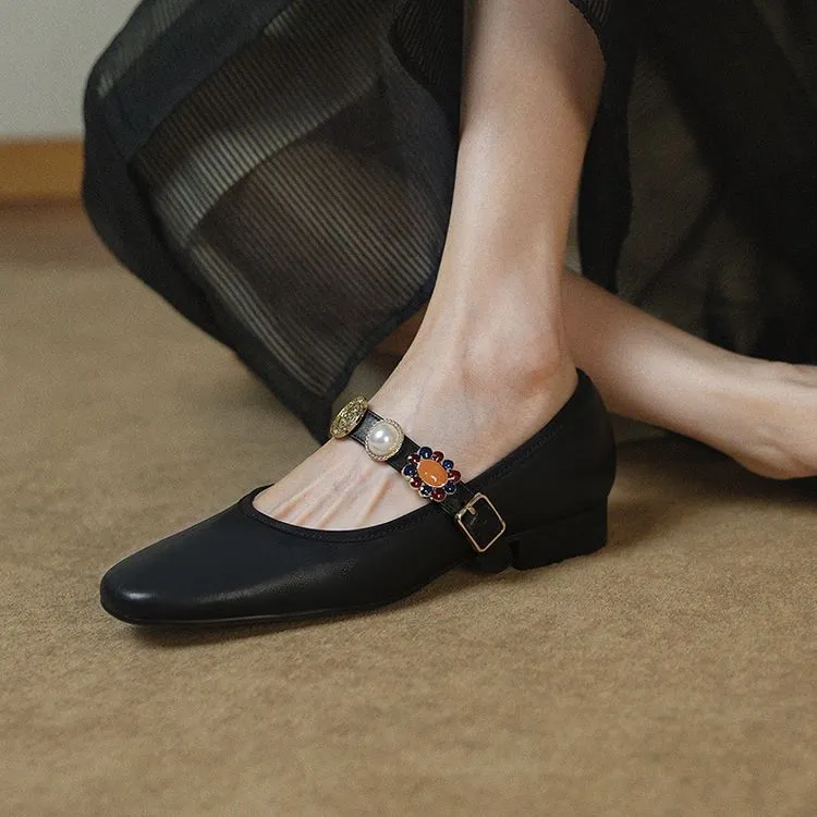 Early Spring Women's Fashion Shoes with Square Toe, Chunky Heel, Low Heel, Buckle, and Cowhide Leather (1-29i)