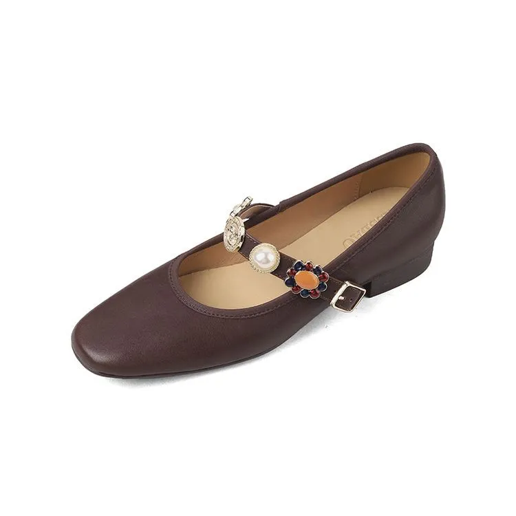 Early Spring Women's Fashion Shoes with Square Toe, Chunky Heel, Low Heel, Buckle, and Cowhide Leather (1-29i)