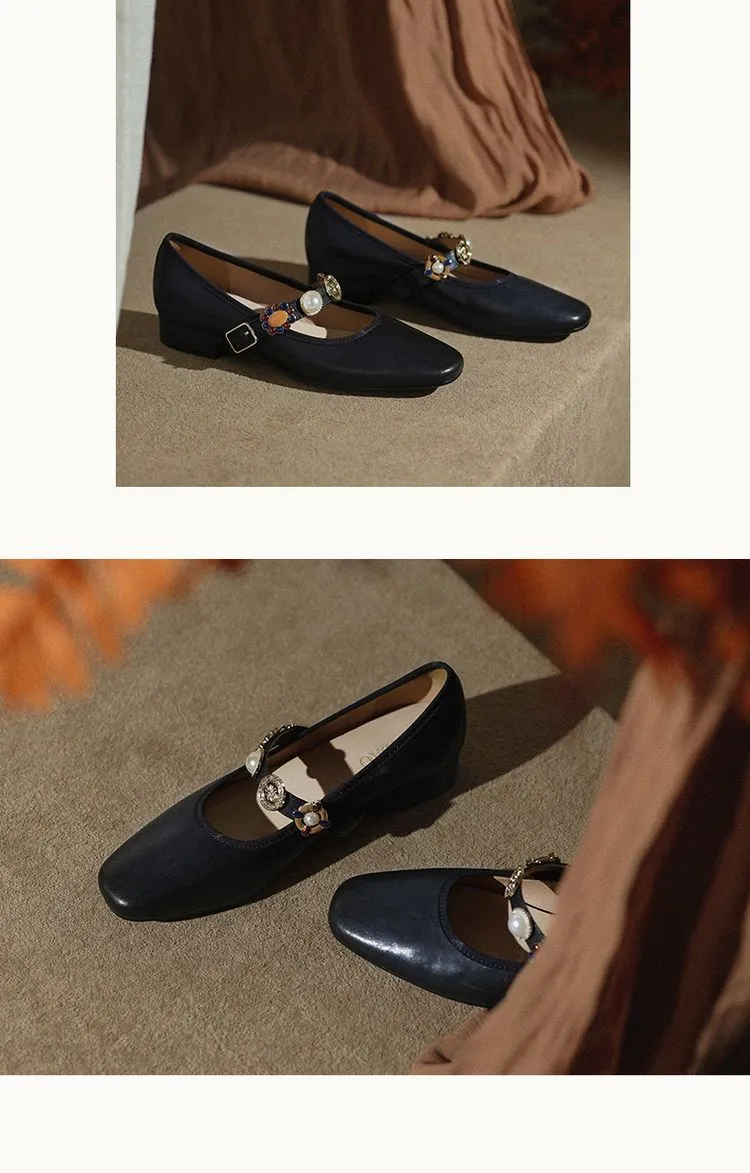 Early Spring Women's Fashion Shoes with Square Toe, Chunky Heel, Low Heel, Buckle, and Cowhide Leather (1-29i)