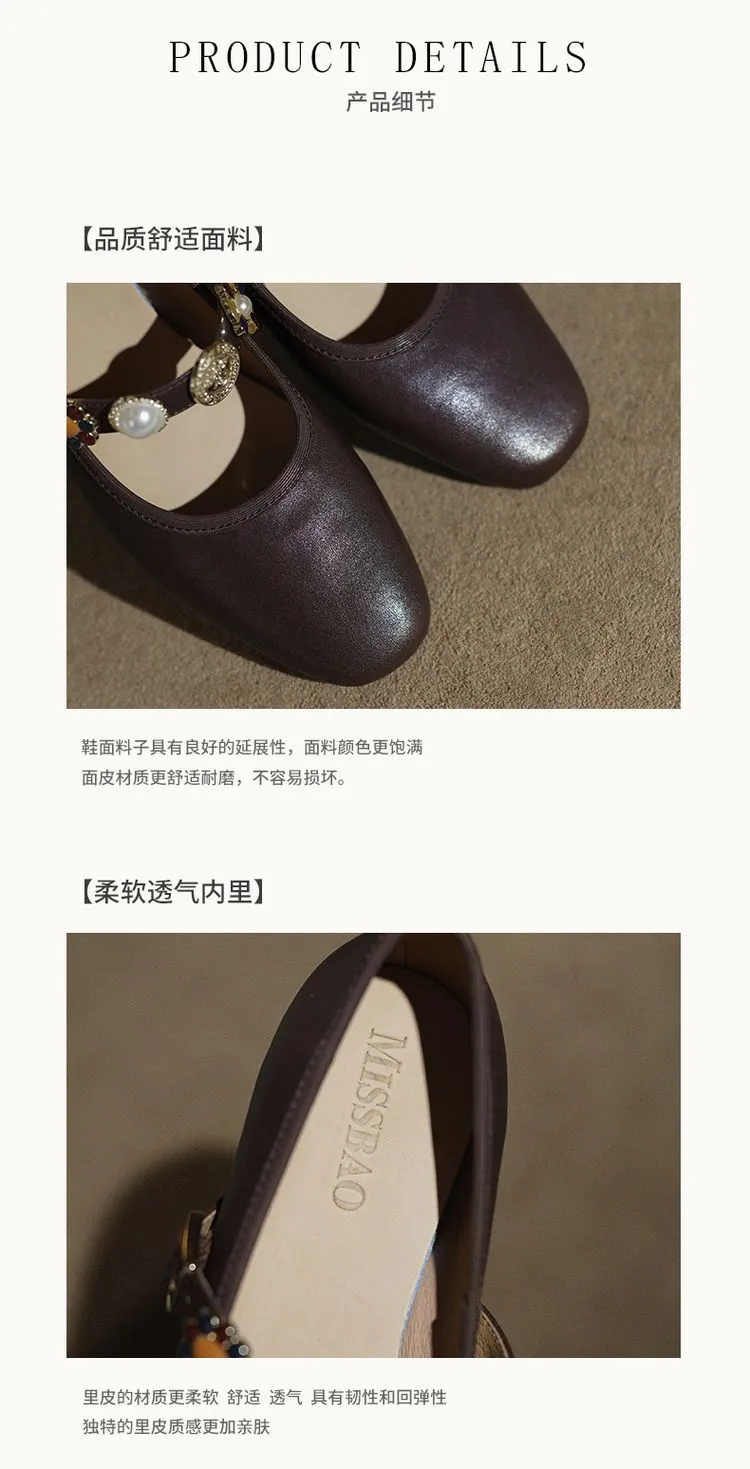 Early Spring Women's Fashion Shoes with Square Toe, Chunky Heel, Low Heel, Buckle, and Cowhide Leather (1-29i)
