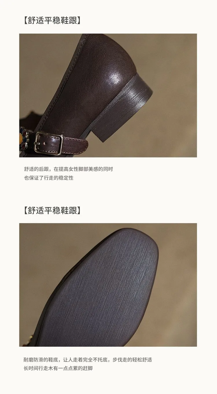 Early Spring Women's Fashion Shoes with Square Toe, Chunky Heel, Low Heel, Buckle, and Cowhide Leather (1-29i)