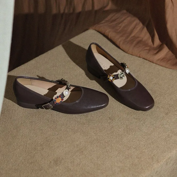 Early Spring Women's Fashion Shoes with Square Toe, Chunky Heel, Low Heel, Buckle, and Cowhide Leather (1-29i)
