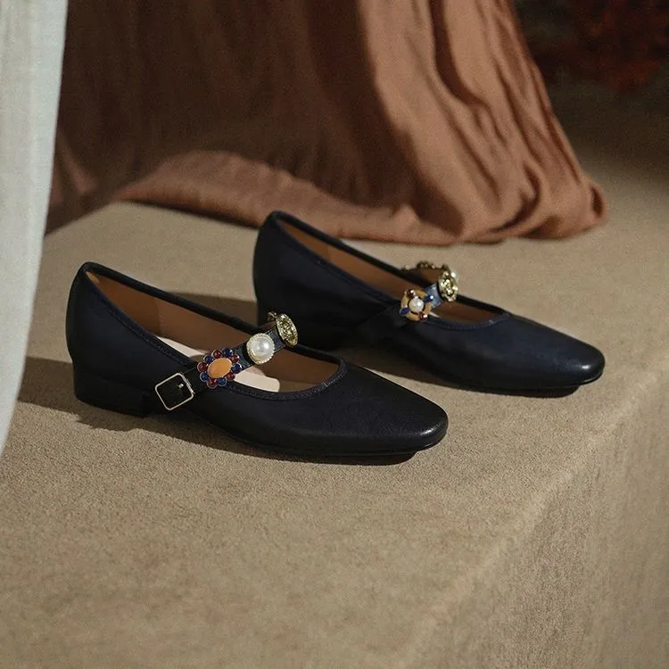 Early Spring Women's Fashion Shoes with Square Toe, Chunky Heel, Low Heel, Buckle, and Cowhide Leather (1-29i)