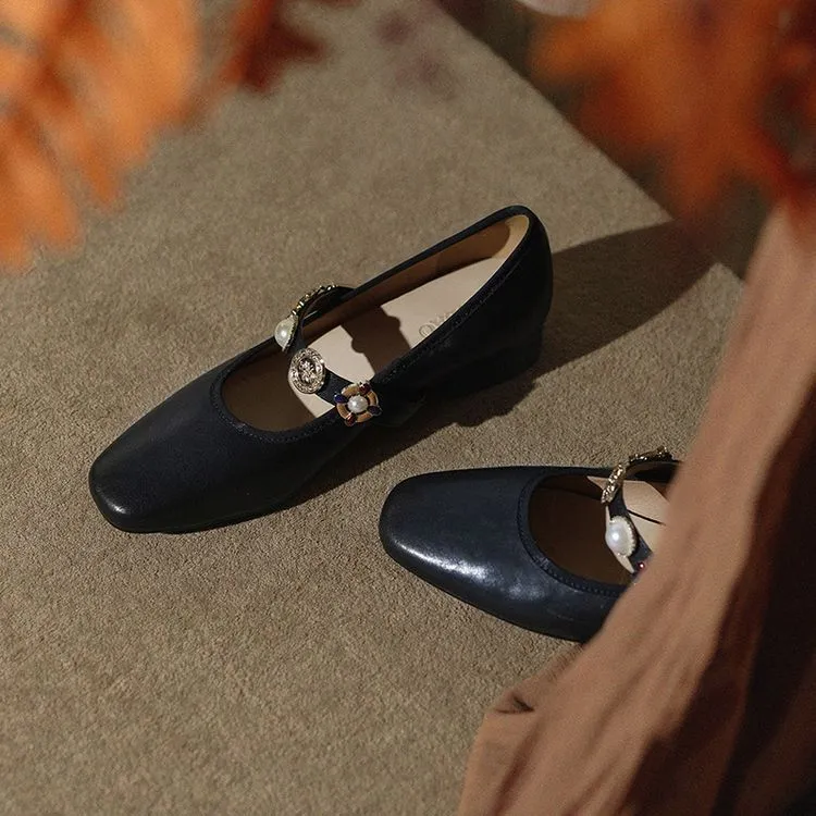 Early Spring Women's Fashion Shoes with Square Toe, Chunky Heel, Low Heel, Buckle, and Cowhide Leather (1-29i)
