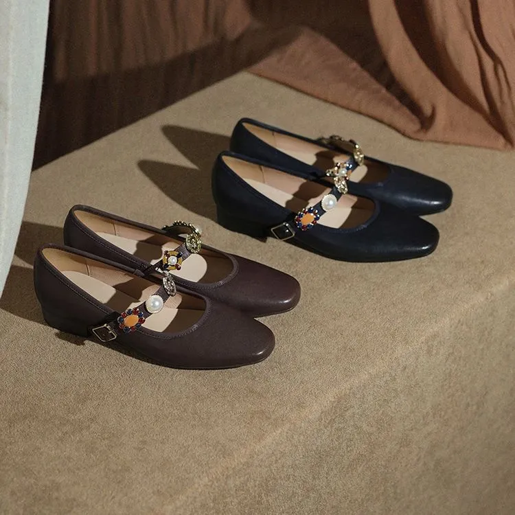 Early Spring Women's Fashion Shoes with Square Toe, Chunky Heel, Low Heel, Buckle, and Cowhide Leather (1-29i)