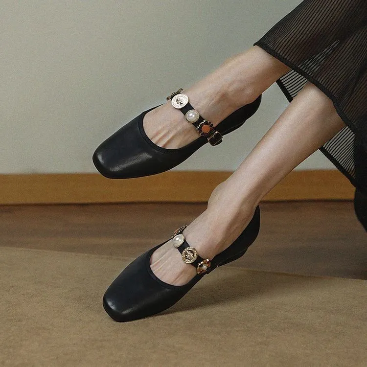 Early Spring Women's Fashion Shoes with Square Toe, Chunky Heel, Low Heel, Buckle, and Cowhide Leather (1-29i)