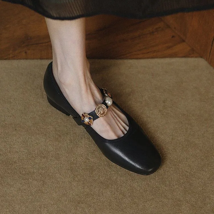 Early Spring Women's Fashion Shoes with Square Toe, Chunky Heel, Low Heel, Buckle, and Cowhide Leather (1-29i)