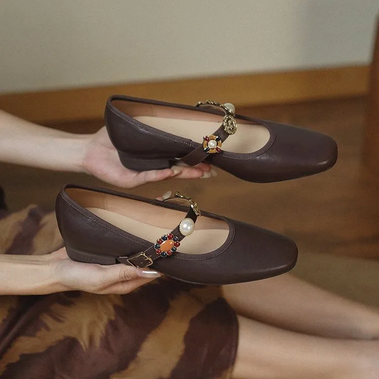 Early Spring Women's Fashion Shoes with Square Toe, Chunky Heel, Low Heel, Buckle, and Cowhide Leather (1-29i)