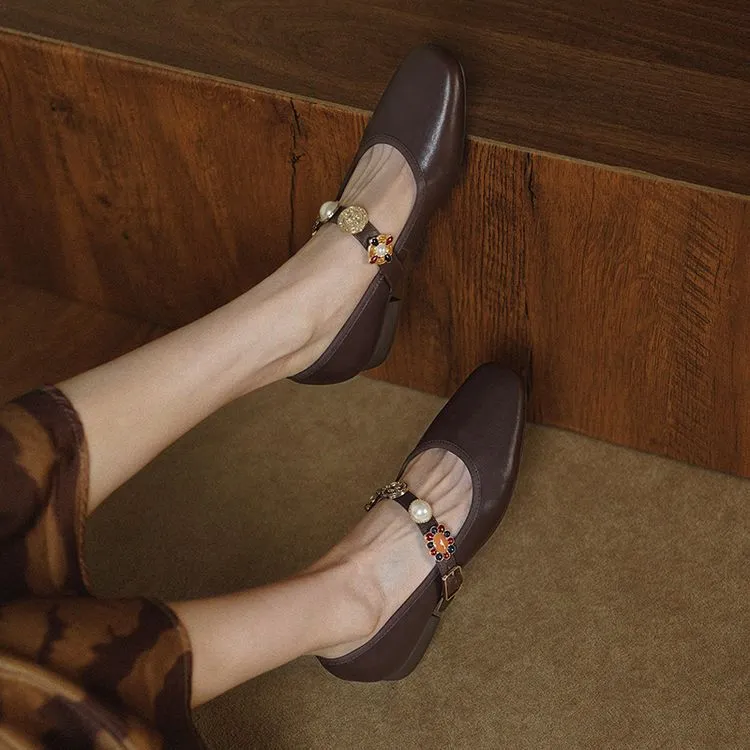Early Spring Women's Fashion Shoes with Square Toe, Chunky Heel, Low Heel, Buckle, and Cowhide Leather (1-29i)