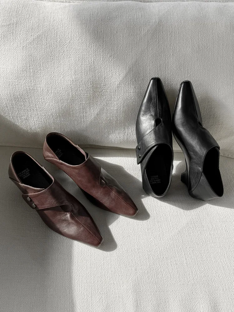 Early Spring Single Shoes, Square Toe, Chunky Heel, Slip-on, Cowhide Fashion Women's Shoes, 1-29s