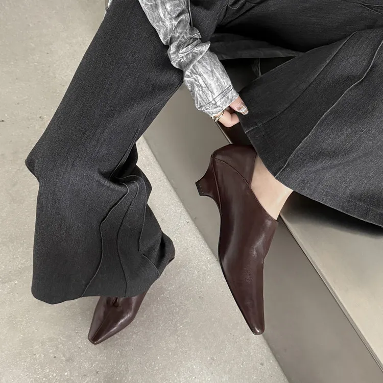 Early Spring Single Shoes, Square Toe, Chunky Heel, Slip-on, Cowhide Fashion Women's Shoes, 1-29s