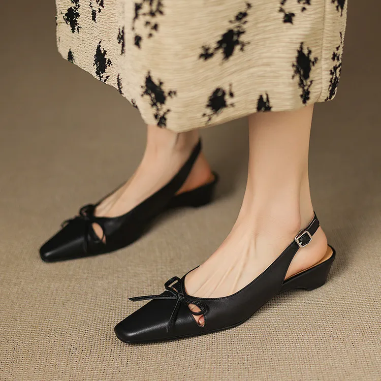 Fashionable summer sandals, early spring single shoes, square toe, bow-knot wedge heel, sheepskin fashion women's shoes 1-29q