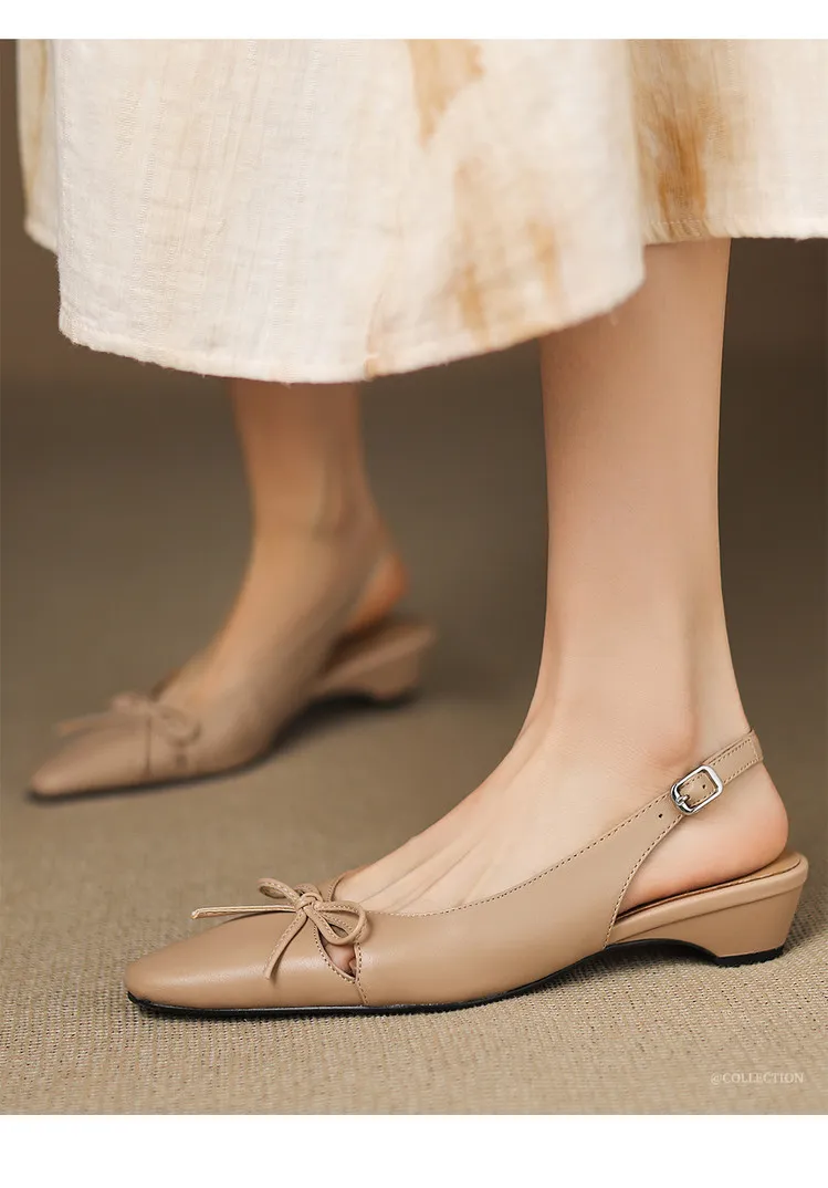 Fashionable summer sandals, early spring single shoes, square toe, bow-knot wedge heel, sheepskin fashion women's shoes 1-29q