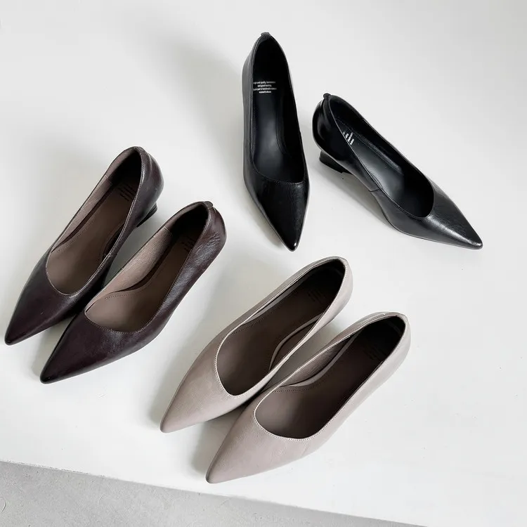 Early Spring Single Shoes Pointed Toe Wedge Heel High Heel Low Mouth Fashion Leather Women's Shoes 2-27n