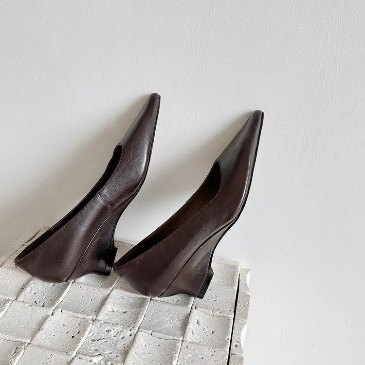 Early Spring Single Shoes Pointed Toe Wedge Heel High Heel Low Mouth Fashion Leather Women's Shoes 2-27n