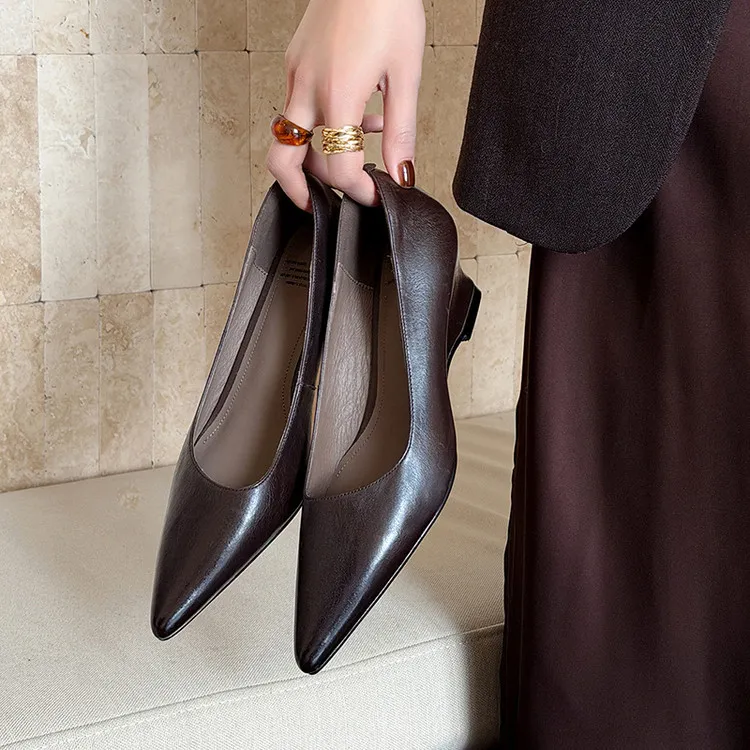 Early Spring Single Shoes Pointed Toe Wedge Heel High Heel Low Mouth Fashion Leather Women's Shoes 2-27n