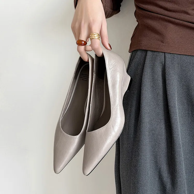 Early Spring Single Shoes Pointed Toe Wedge Heel High Heel Low Mouth Fashion Leather Women's Shoes 2-27n