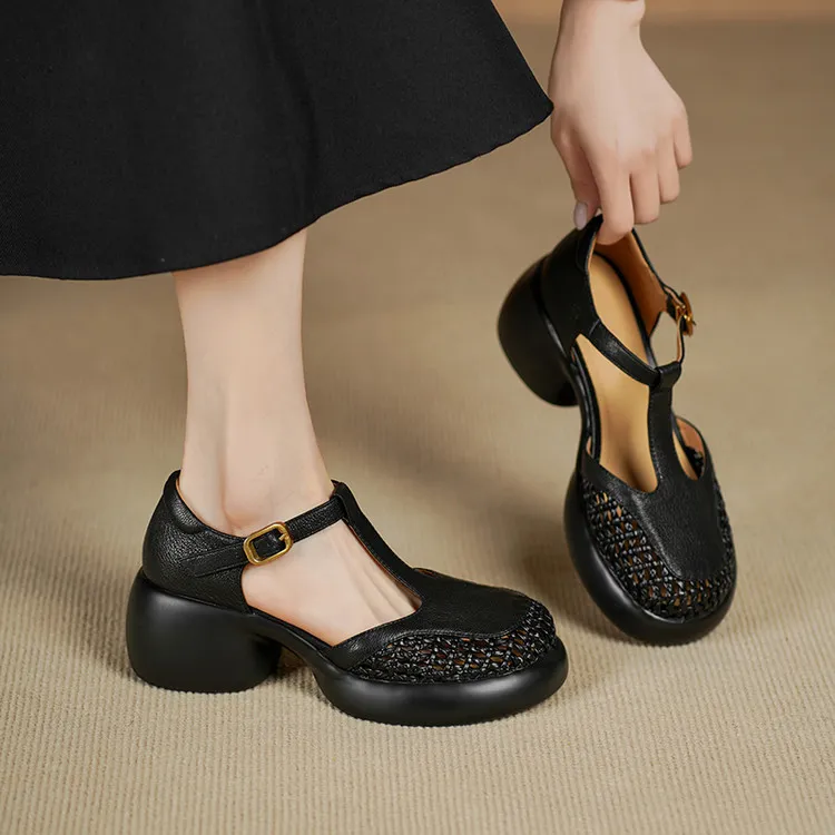 Summer sandals, thick-soled, chunky-heeled, high-heeled, buckled, openwork sheepskin women's shoes, 3-2f