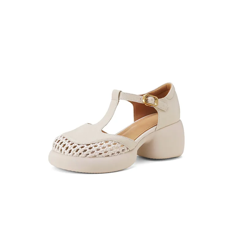 Summer sandals, thick-soled, chunky-heeled, high-heeled, buckled, openwork sheepskin women's shoes, 3-2f