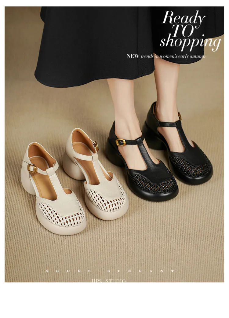 Summer sandals, thick-soled, chunky-heeled, high-heeled, buckled, openwork sheepskin women's shoes, 3-2f