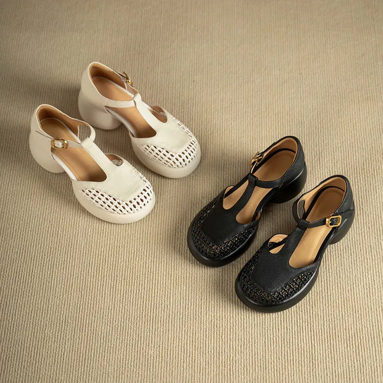 Summer sandals, thick-soled, chunky-heeled, high-heeled, buckled, openwork sheepskin women's shoes, 3-2f