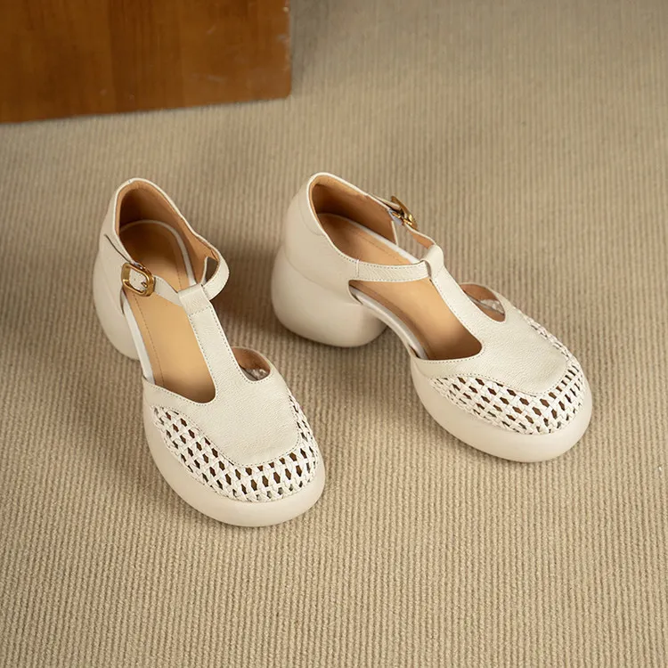 Summer sandals, thick-soled, chunky-heeled, high-heeled, buckled, openwork sheepskin women's shoes, 3-2f