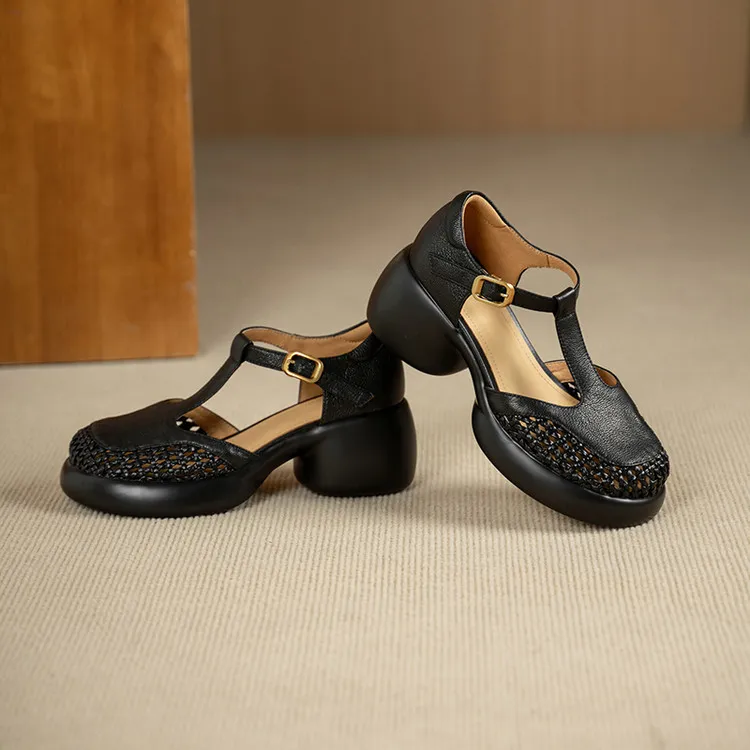 Summer sandals, thick-soled, chunky-heeled, high-heeled, buckled, openwork sheepskin women's shoes, 3-2f